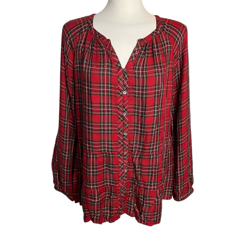 J. Jill Red and Green Plaid Tiered Blouse Lantern Sleeves Women's Size Medium